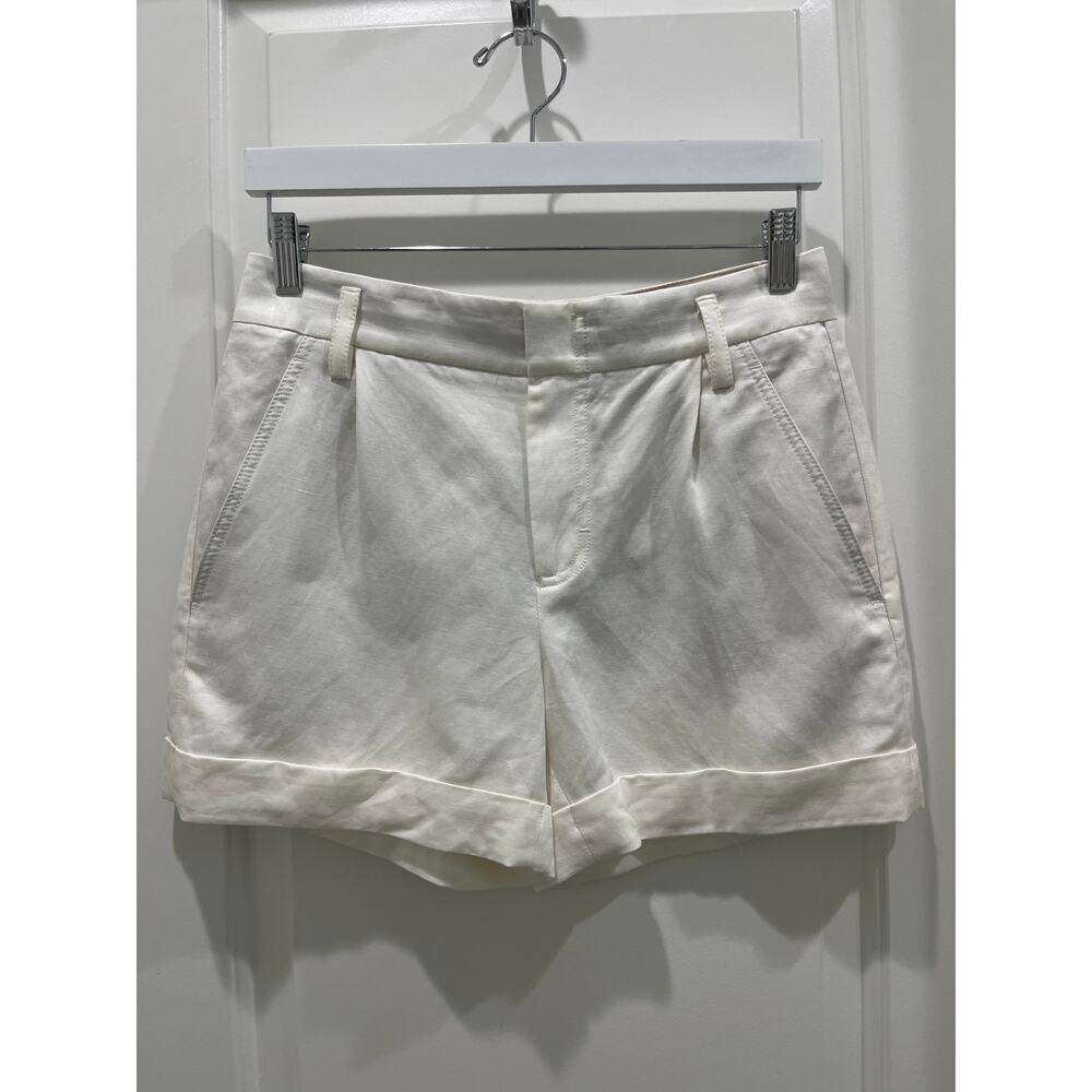 Vince Women's Twill Short Linen Cotton White High Rise Pleated Front Sz 4